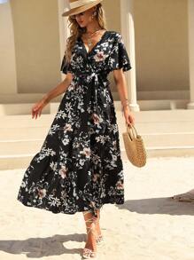 Breezaya 花卉印花蝴蝶袖系带连衣裙 女式长款服装 - 黑色 - 查看 1