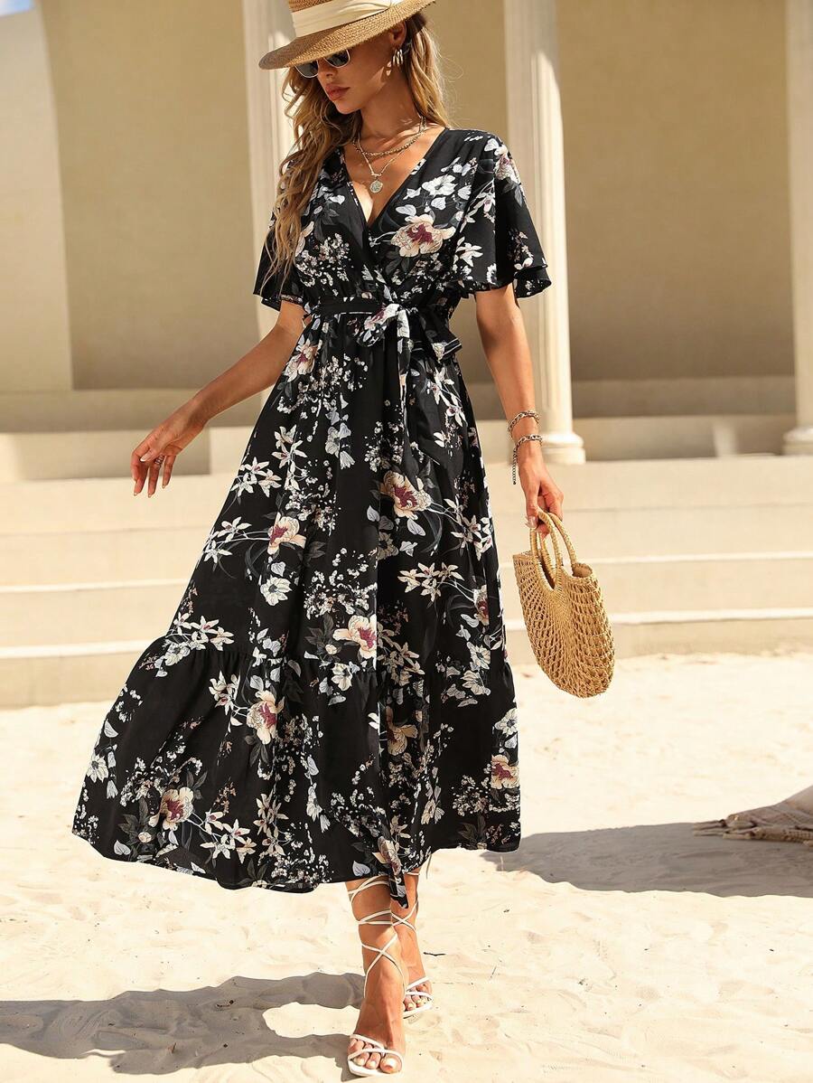 Breezaya 花卉印花蝴蝶袖系带连衣裙 女式长款服装 - 黑色 - 查看 1