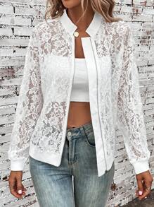 SHEIN LUNE Zip Up Lace Bomber Jacket - White - View 6