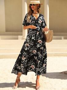 Breezaya 花卉印花蝴蝶袖系带连衣裙 女式长款服装 - 黑色 - 查看 3