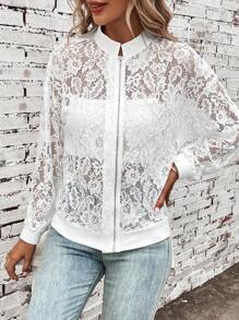 SHEIN LUNE Zip Up Lace Bomber Jacket - White - View 7