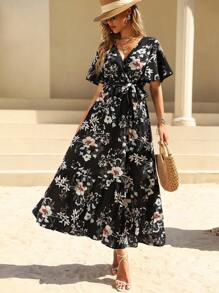 Breezaya 花卉印花蝴蝶袖系带连衣裙 女式长款服装 - 黑色 - 查看 5