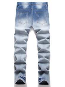 男士骷髅与字母图案破洞磨边漂白洗水牛仔裤 - 中等水洗藍 - 查看 2