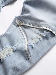 男士骷髅与字母图案破洞磨边漂白洗水牛仔裤 - 中等水洗藍 - 查看 3