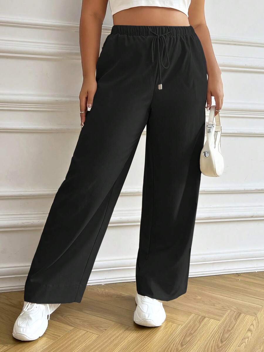 SHEIN EZwear 大碼腰部抽繩闊腿褲 - 黑色 - 查看 1