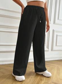SHEIN EZwear 大碼腰部抽繩闊腿褲 - 黑色 - 查看 3