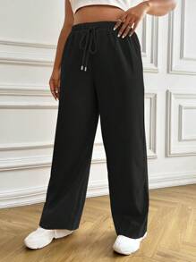 SHEIN EZwear 大碼腰部抽繩闊腿褲 - 黑色 - 查看 4