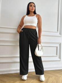 SHEIN EZwear 大碼腰部抽繩闊腿褲 - 黑色 - 查看 5