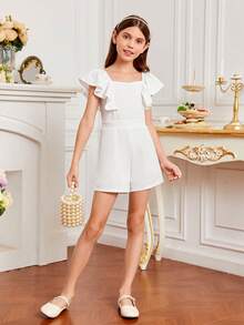 SHEIN Áo liền quần Gái Xù Dây kéo màu trơn Dễ thương - trắng - Xem 3