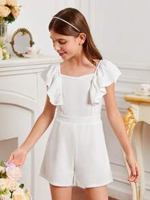 SHEIN Áo liền quần Gái Xù Dây kéo màu trơn Dễ thương - trắng - Xem 4