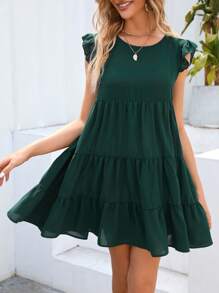 SHEIN VCAY Đầm Viên lá sen màu trơn Dễ thương - Màu xanh lá cây đậm - Xem 1