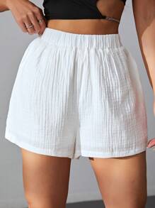 SHEIN EZwear Solid Elastic Waist Shorts White Shortsshort Alfaiataria Brancowhite Shorts For Girls - White - View 1