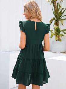 SHEIN VCAY Đầm Viên lá sen màu trơn Dễ thương - Màu xanh lá cây đậm - Xem 2