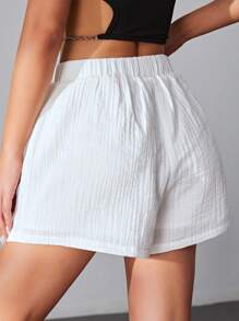 SHEIN EZwear Solid Elastic Waist Shorts White Shortsshort Alfaiataria Brancowhite Shorts For Girls - White - View 2