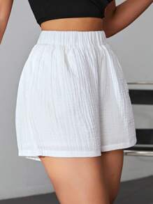 SHEIN EZwear Solid Elastic Waist Shorts White Shortsshort Alfaiataria Brancowhite Shorts For Girls - White - View 3