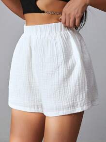 SHEIN EZwear Solid Elastic Waist Shorts White Shortsshort Alfaiataria Brancowhite Shorts For Girls - White - View 4