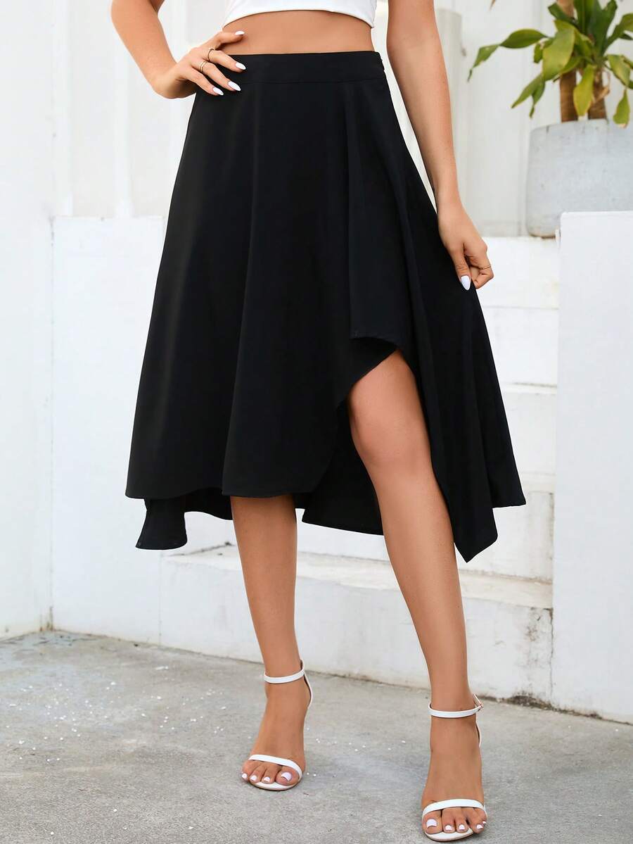 SHEIN Privé 素色不對稱下擺半身裙 - 黑色 - 查看 1