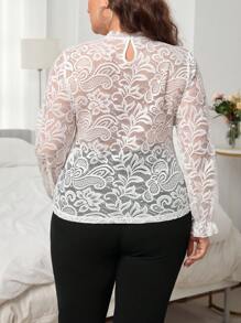 SHEIN Privé 大碼荷葉袖蕾絲襯衫 - 白色 - 查看 2