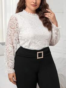 SHEIN Privé 大碼荷葉袖蕾絲襯衫 - 白色 - 查看 4