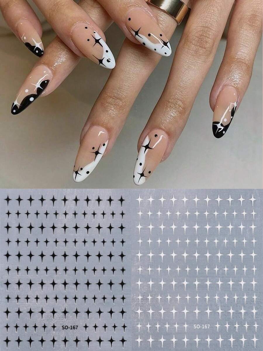 FULL BEAUTY Black White Cross Star Nail Art Stickers 2pcs 2000s Style Nails Art Sliders Decoration - Multicolor - View 1