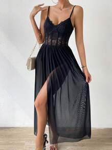 Zolique Contrast Lace Split Thigh Lace Cami Dress Maxi Women Outfit - Black - View 1