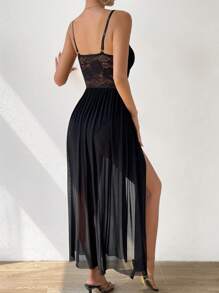 Zolique Contrast Lace Split Thigh Lace Cami Dress Maxi Women Outfit - Black - View 2