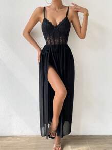 Zolique Contrast Lace Split Thigh Lace Cami Dress Maxi Women Outfit - Black - View 3