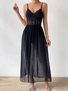 Zolique Contrast Lace Split Thigh Lace Cami Dress Maxi Women Outfit - Black - View 4