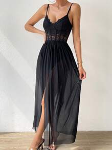 Zolique Contrast Lace Split Thigh Lace Cami Dress Maxi Women Outfit - Black - View 5