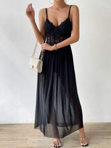 Zolique Contrast Lace Split Thigh Lace Cami Dress Maxi Women Outfit - Black - View 6