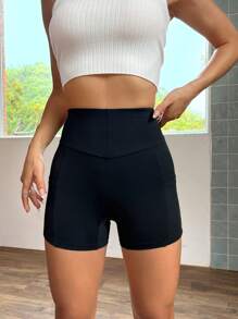 SHEIN EZwear Quần tất nữ Túi màu trơn - màu đen - Xem 3