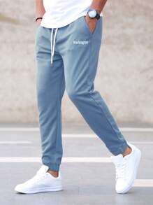 Manfinity Homme 男士字母圖案腰部抽繩衛褲 - 霧霾藍 - 查看 1