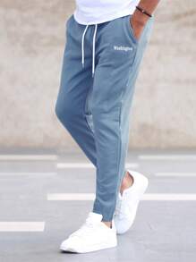 Manfinity Homme 男士字母圖案腰部抽繩衛褲 - 霧霾藍 - 查看 2