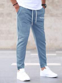 Manfinity Homme 男士字母圖案腰部抽繩衛褲 - 霧霾藍 - 查看 3