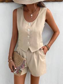 SHEIN Privé Button Front Vest Blazer & Slant Pocket Shorts - Khaki - View 5
