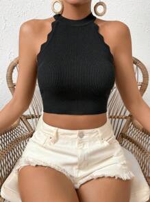 SHEIN Privé 貝殼邊短款吊脖針織上衣 - 黑色 - 查看 3