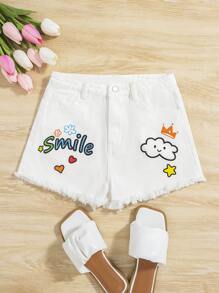 SHEIN Bé Gái Quần Shorts Denim Nút Túi Hem thô Dây kéo Hoạt hình Lá thư - trắng - Xem 1