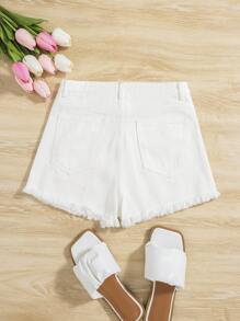 SHEIN Bé Gái Quần Shorts Denim Nút Túi Hem thô Dây kéo Hoạt hình Lá thư - trắng - Xem 2