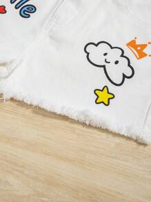 SHEIN Bé Gái Quần Shorts Denim Nút Túi Hem thô Dây kéo Hoạt hình Lá thư - trắng - Xem 3