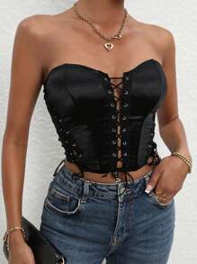 SHEIN Allurite Grommet Lace Up Front Tube Top - Black - View 1