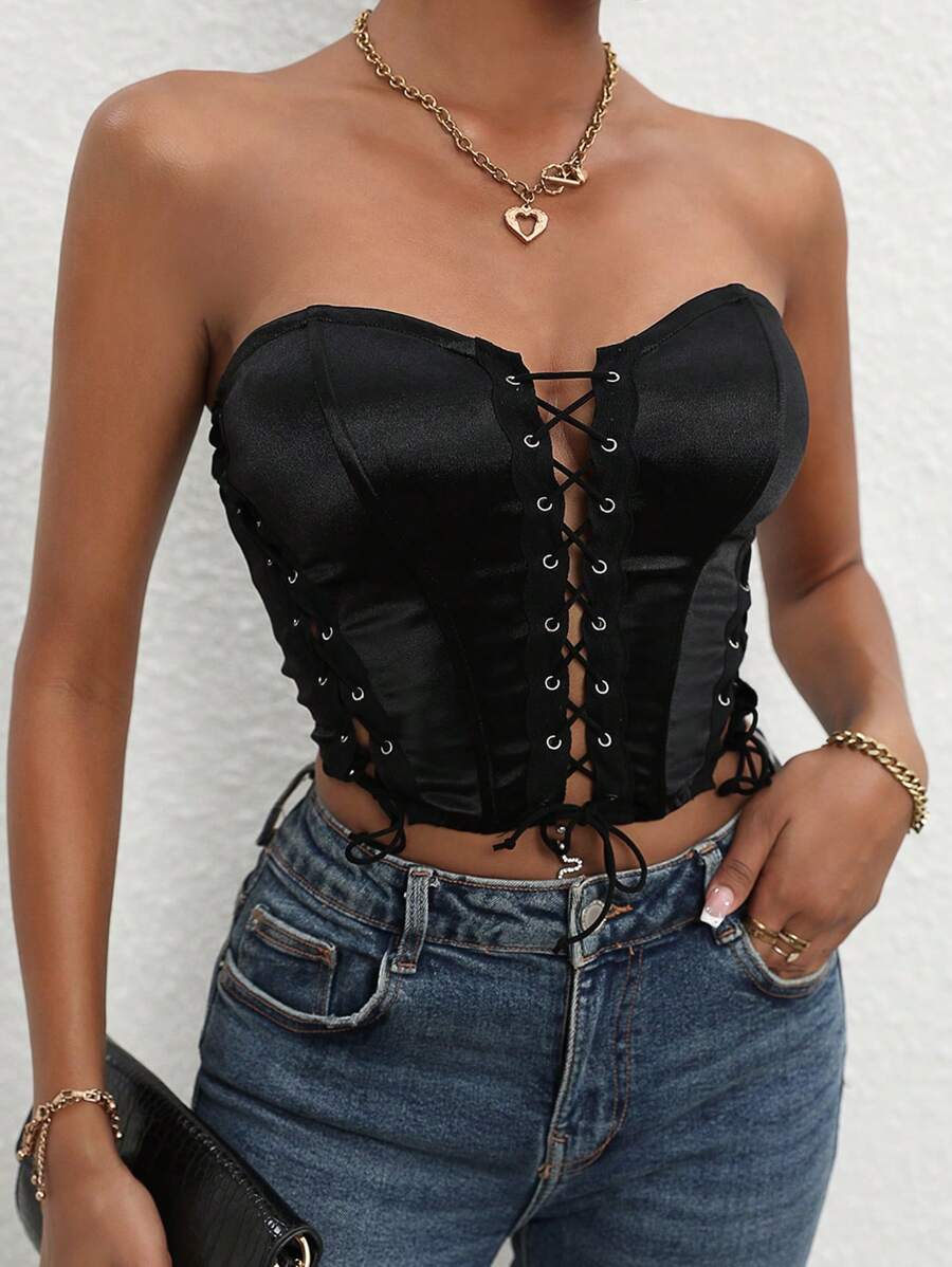 SHEIN Allurite Grommet Lace Up Front Tube Top - Black - View 1