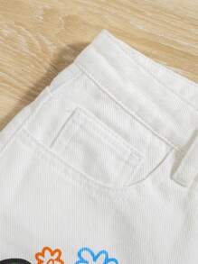 SHEIN Bé Gái Quần Shorts Denim Nút Túi Hem thô Dây kéo Hoạt hình Lá thư - trắng - Xem 4
