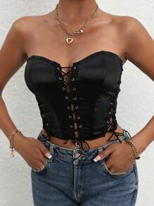 SHEIN Allurite Grommet Lace Up Front Tube Top - Black - View 3