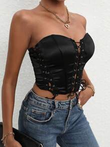 SHEIN Allurite Grommet Lace Up Front Tube Top - Black - View 6
