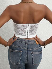 SHEIN Allurite Contrast Lace Bustier Crop Tube Top - White - View 2