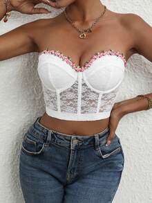 SHEIN Allurite Contrast Lace Bustier Crop Tube Top - White - View 3