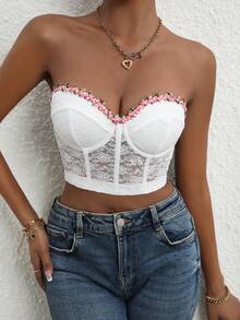 SHEIN Allurite Contrast Lace Bustier Crop Tube Top - White - View 5