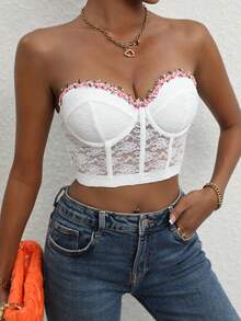 SHEIN Allurite Contrast Lace Bustier Crop Tube Top - White - View 6
