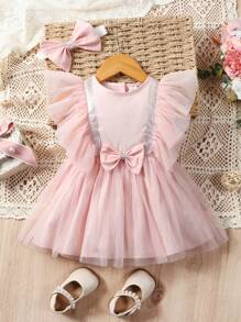 SHEIN Baby Bow Front Ruffle Trim Mesh Overlay Dress - Pink - View 1