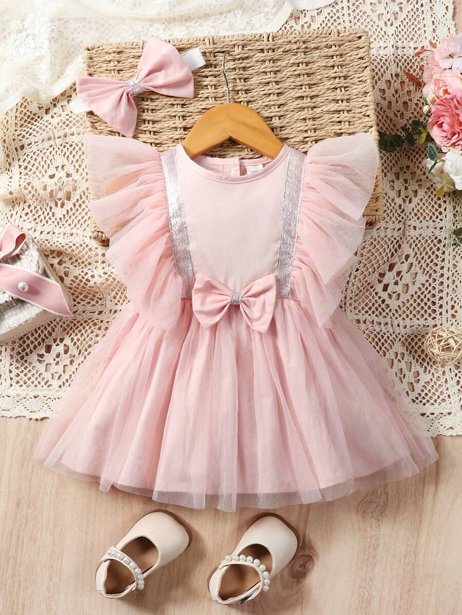 SHEIN Baby Bow Front Ruffle Trim Mesh Overlay Dress - Pink - View 1